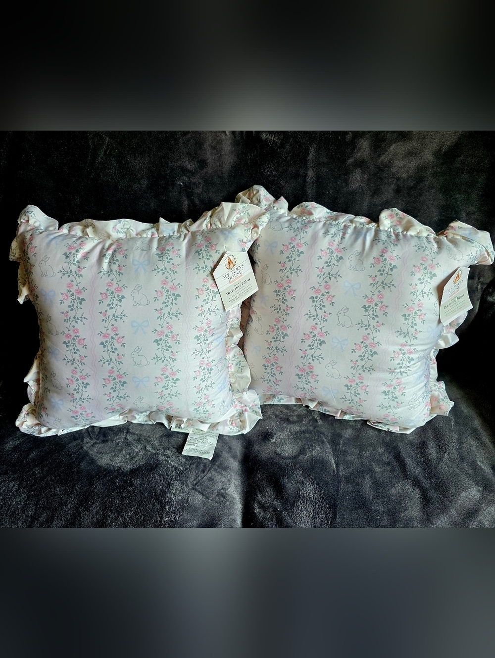 My Texas House 18"x 18" Easter White Bunny blue bow Ruffle Decorative Pillow NWT - Picture 6 of 6